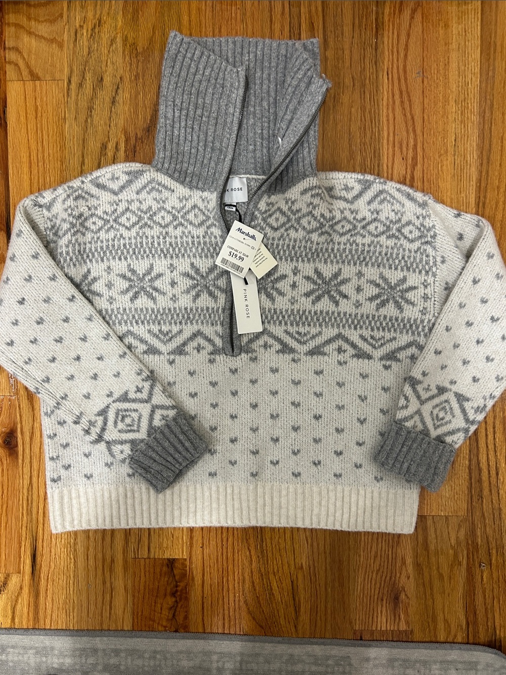 Pink Rose Gray & Cream Fair Isle Half-Zip Turtleneck Sweater